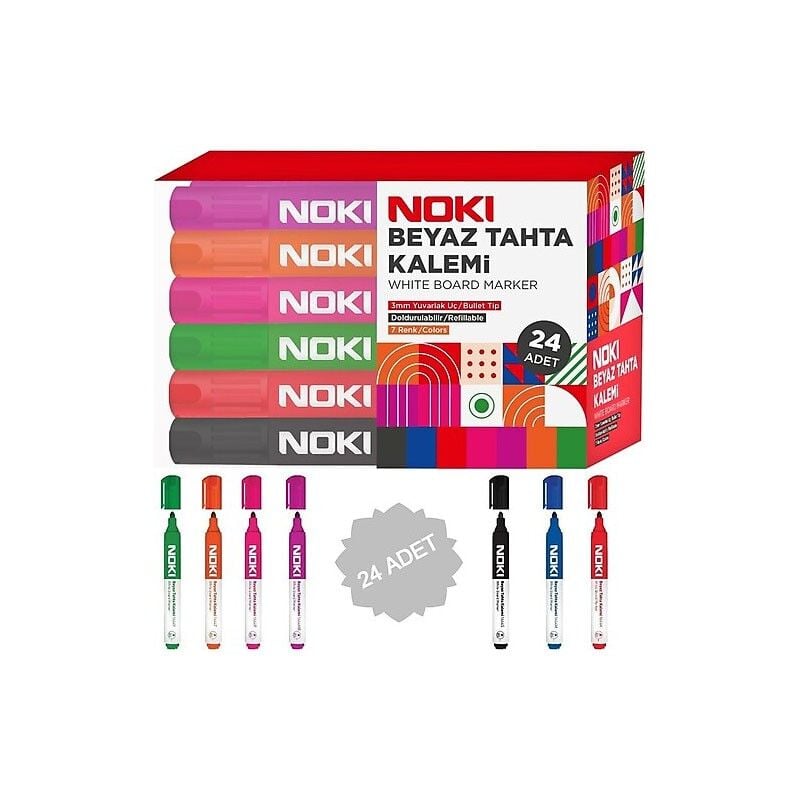Toptan Noki Beyaz Tahta Kalemi – 7 Renk – 24'lü Paket